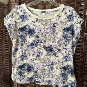 Anthropologie Purple and Yellow Abstract Short Sleeve Top